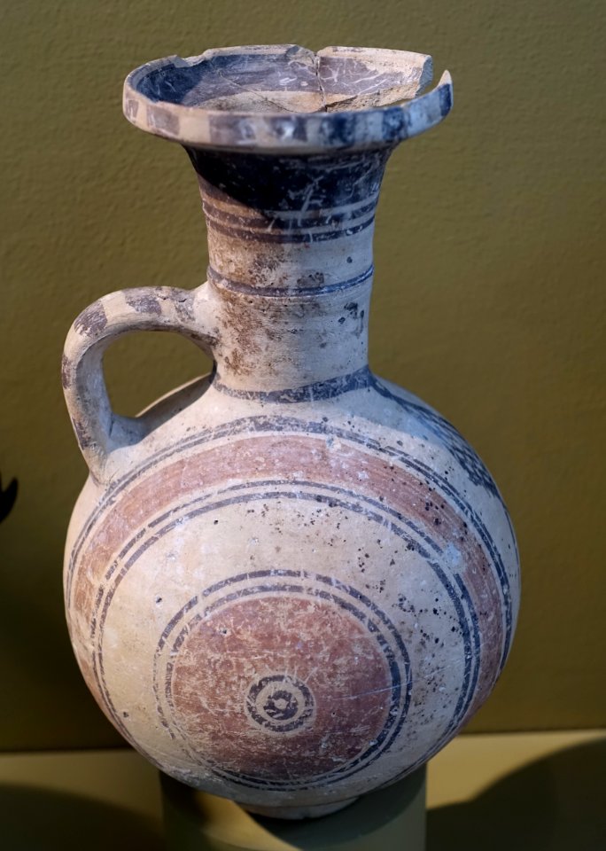 Barrel shaped jug, Cypro-Geometric, Bichrome Ware, 2 of 3 - Harvard Semitic Museum - Cambridge, MA - DSC06398