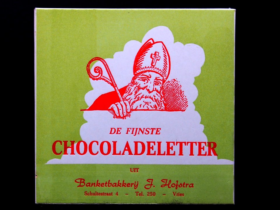 Banketbakkerij J Hofstra chocoladeletter verpakking, Schultestraat 4, Vries, foto1
