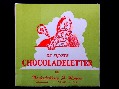Banketbakkerij J Hofstra chocoladeletter verpakking, Schultestraat 4, Vries, foto1
