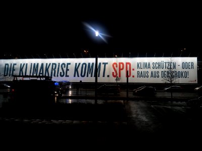Banner in front of CityCube during SPD Parteitag 2019-12-06 11