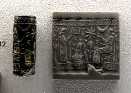 Banquet scene, cylinder seal, Neo-Assyrian, c. 883-612 BC, serpentine - Sackler Museum - Harvard University - DSC01724