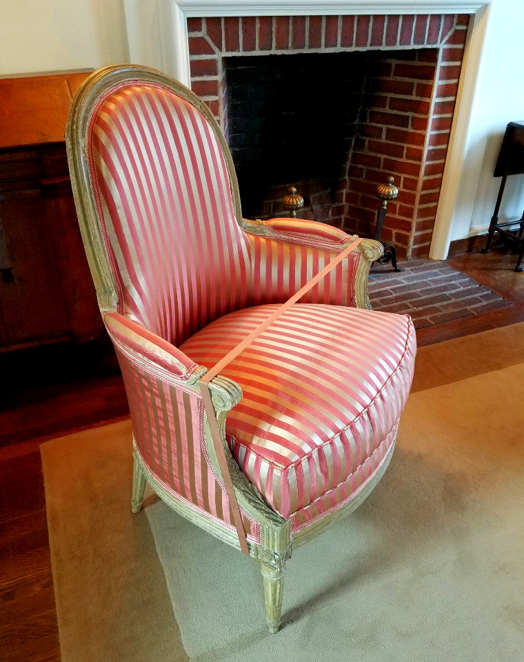 Bergere en cabriolet (armchair), one of a pair, France, c. 1775, beech, paint, upholstery - Hyde Collection - Glens Falls, NY - 20180224 123159