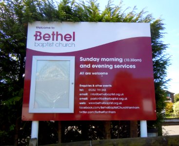 Bethel Baptist Church, Rushden Way, Upper Hale, Farnham (May 2015) (Sign)