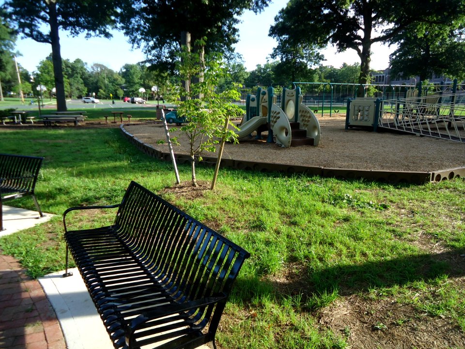 Benches and play area for children at Memorial Field in Summit, New Jersey