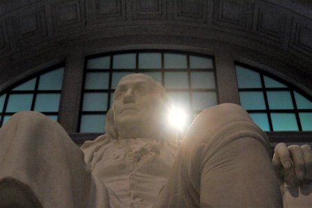 Benjamin Franklin National Memorial statue view from bottom