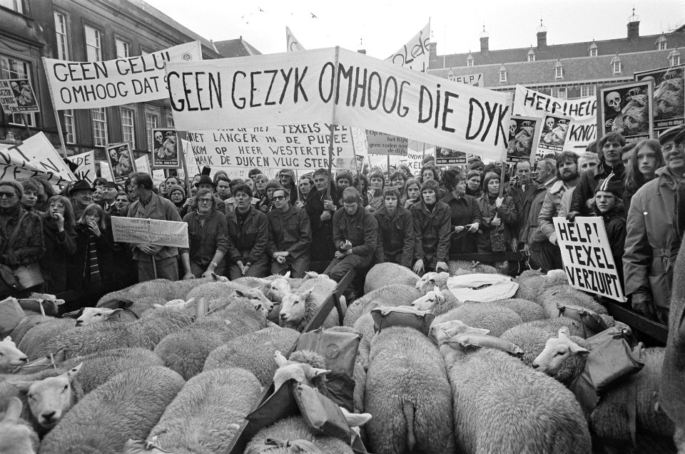 Bewoners Texel demonstreren in Den Haag voor verhoging dijken overzicht demonst, Bestanddeelnr 928-3834