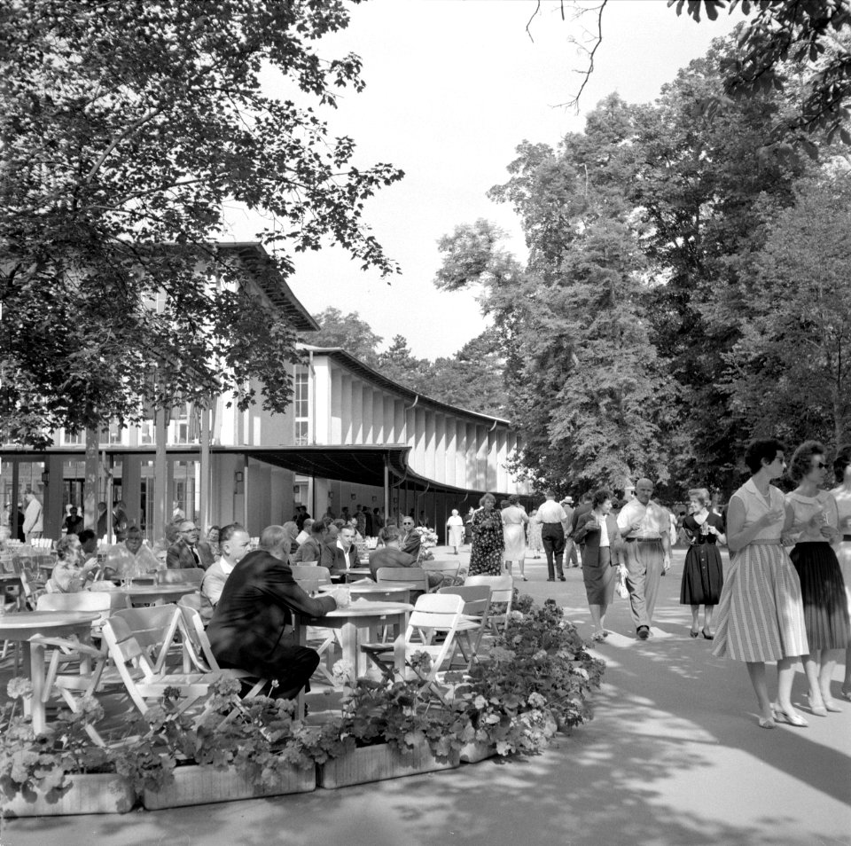 Bezoekers op het terras voor het Pavillon der Wilhelmsquelle in het Kurpark van…, Bestanddeelnr 254-4579