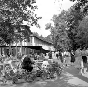 Bezoekers op het terras voor het Pavillon der Wilhelmsquelle in het Kurpark van…, Bestanddeelnr 254-4579