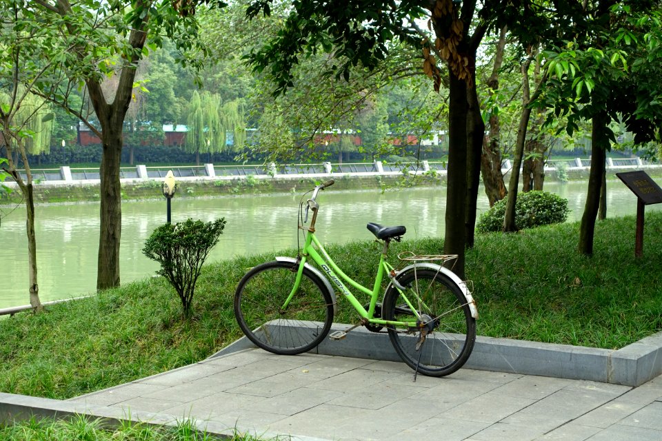 Bicycle on Hebin Road sidewalk - Chengdu, China - DSC05677