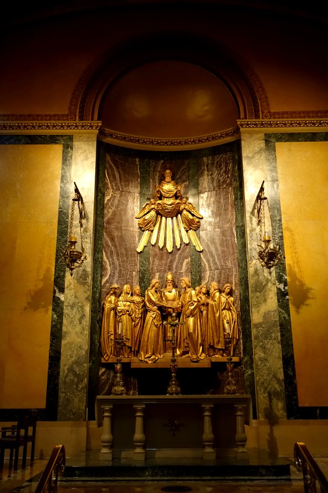 Betrothal of Our Lady and St. Joseph, carved by Vincenzo Demetz and Sons, installed 1961, gilt wood - Cathedral of St. Matthew the Apostle - Washington, DC - DSC07712
