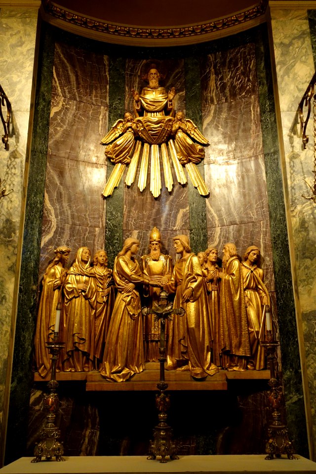 Betrothal of Our Lady and St. Joseph, carved by Vincenzo Demetz and Sons, installed 1961, gilt wood - Cathedral of St. Matthew the Apostle - Washington, DC - DSC07715