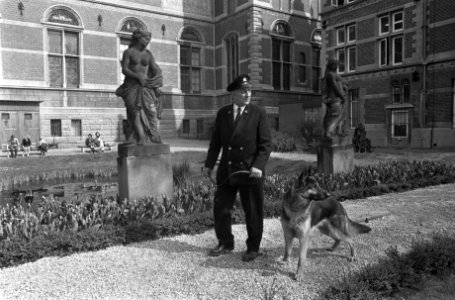 Bewaker met hond van Rijksmuseum in Amsterdam (opdracht RAI) bewaker in museumtu, Bestanddeelnr 927-1089