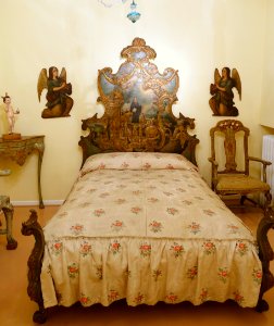 Bed with painting of St Augustine, mid 18th century, painted and gilded stucco and pine - Museo Nacional de Artes Decorativas - Madrid, Spain - DSC08291