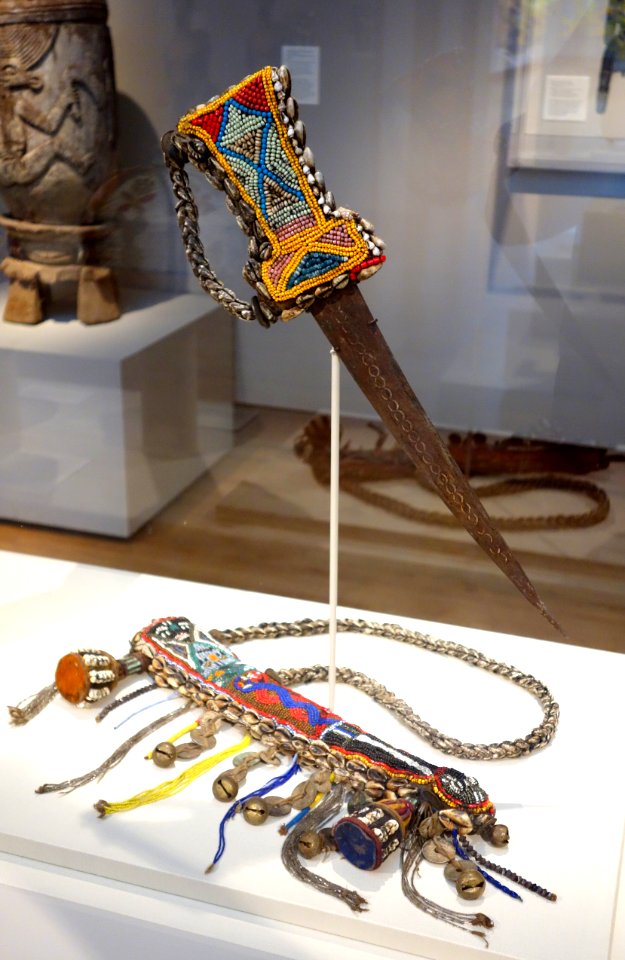 Beaded Ceremonial Sword and Sheath, Nigeria, Yoruba people, 20th century, beads, metal, fabric, coins, brass, cowery shells, leather - Chazen Museum of Art - DSC01812
