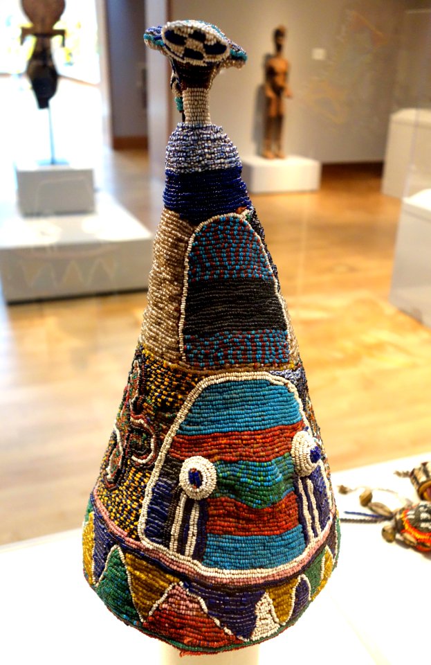 Beaded Royal Crown with Bird (aden la), Nigeria, Yoruba people, early 20th century, beads, palm fiber, fabric - Chazen Museum of Art - DSC01819