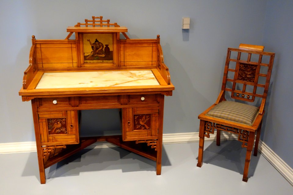 Bedroom Suite (desk) by Mitchell & Rammelsberg Furniture Company, Cincinnati, c. 1880, maple, painted and gilt panels, ivory, onyx, mirror glass - Cincinnati Art Museum - DSC03131