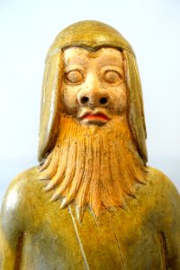 Bearded Guardian Figure Wearing Helmet, detail, China, Northern Qi to Sui period, 550 to early 600s AD, earthenware, lead-fluxed glaze, cold-painted pigments - Arthur M. Sackler Museum, Harvard University - DSC00900