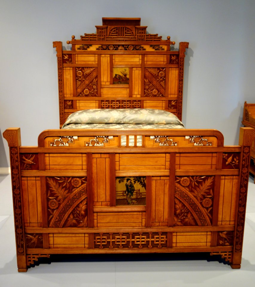Bedroom Suite (bedstead, view 2) by Mitchell & Rammelsberg Furniture Company, Cincinnati, c. 1880, maple, painted and gilt panels, ivory, onyx, mirror glass - Cincinnati Art Museum - DSC03129