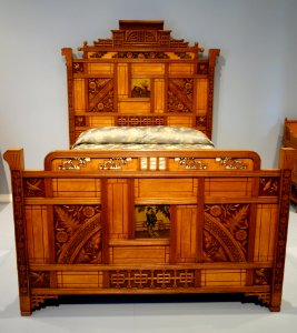 Bedroom Suite (bedstead, view 2) by Mitchell & Rammelsberg Furniture Company, Cincinnati, c. 1880, maple, painted and gilt panels, ivory, onyx, mirror glass - Cincinnati Art Museum - DSC03129