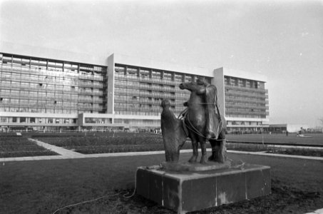Beeld van St Elisabeth en het rozenwonder (van Mari Andriessen) wordt per hel, Bestanddeelnr 925-2151