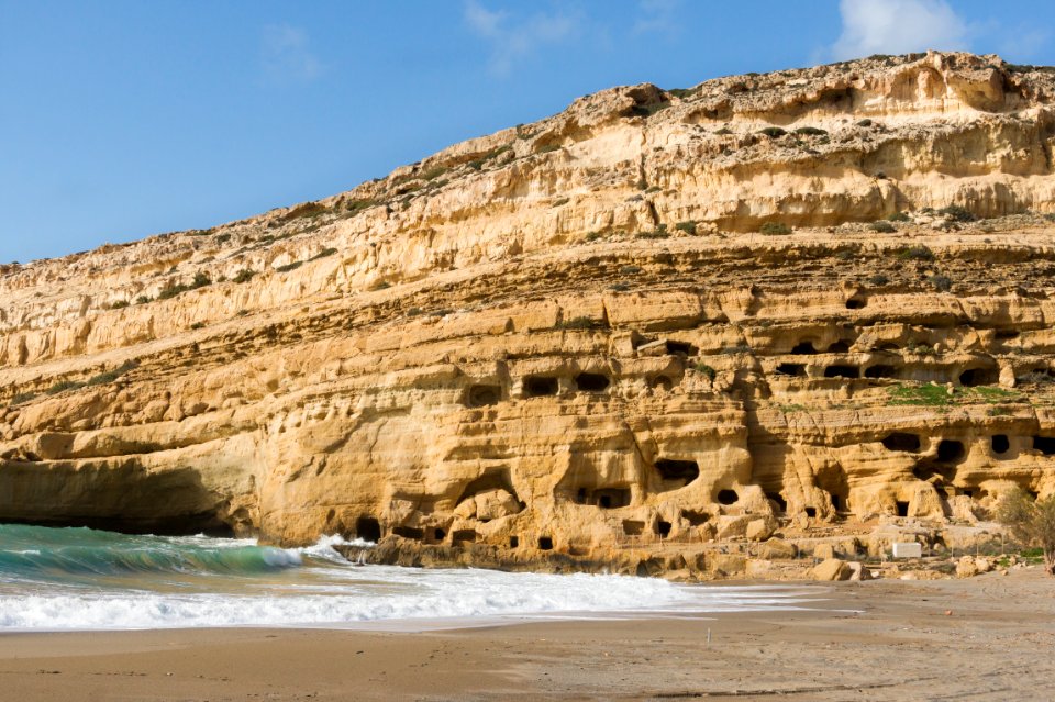 Beach and troglodytes at Matala, Crete, Greece