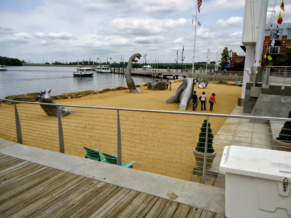 Beach area with sculpture of man at National Harbor in Maryland