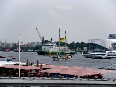 Beluga II and coast guard on the Elbe during G20 summit Hamburg