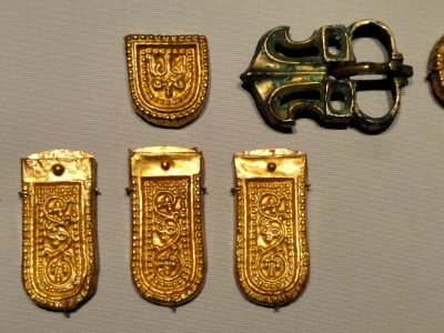 Belt buckle and lappet fittings, view 7, Iran, Sasanian period, 7th century AD, silver and gilt (buckle) and gold - Arthur M. Sackler Gallery - DSC05845