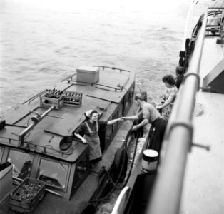 Bemanningsleden en enkele van hun vrouwen bij een parlevinker langszij de Damco…, Bestanddeelnr 254-1484