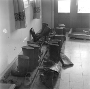 Bemodderd schoeisel op een rij in een gang van een huis, Bestanddeelnr 255-0657