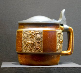 Beer mug with deer motif, by Albin Muller, 1908-1911, ceramic - Museum Künstlerkolonie Darmstadt - Mathildenhöhe - Darmstadt, Germany - DSC06111