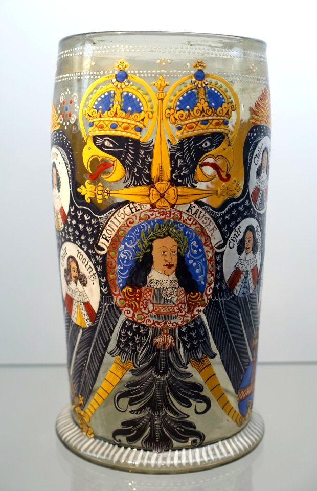 Beer glass with portraits of the Holy Roman Emperor and Prince-Electors, France, dated 1662, glass with enamel and gold - Landesmuseum Württemberg - Stuttgart, Germany - DSC03362