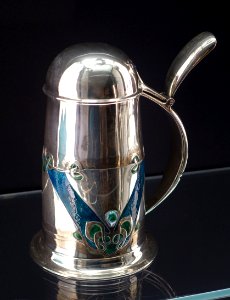 Beer stein, designed by Archibald Knox, made by W. H. Haseler, Birmingham, for Liberty & Co., London, 1900, silver, enamel - Bröhan Museum, Berlin - DSC03938
