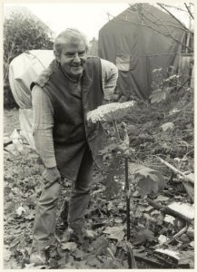 Beeldhouwer Wim Jonker bij de bereklauw die achter zijn atelier aan de Lange Poellaan 25 b in december in bloei stond. NL-HlmNHA 54013858