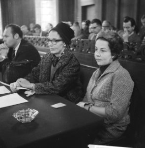 Behandeling Stadhuisontwerp in de gemeenteraad. Mevrouw van Hall en dochter, Bestanddeelnr 913-0640