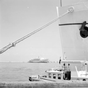 Boeg en touw van een schip dat afgemeerd aan de kade ligt, Bestanddeelnr 255-2150