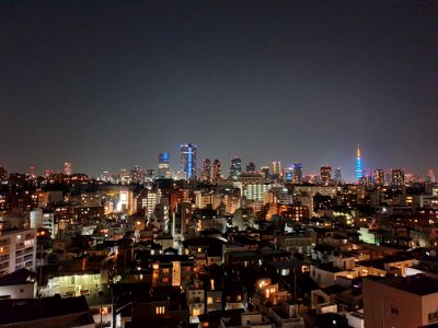 Blue illuminated buildings in Tokyo