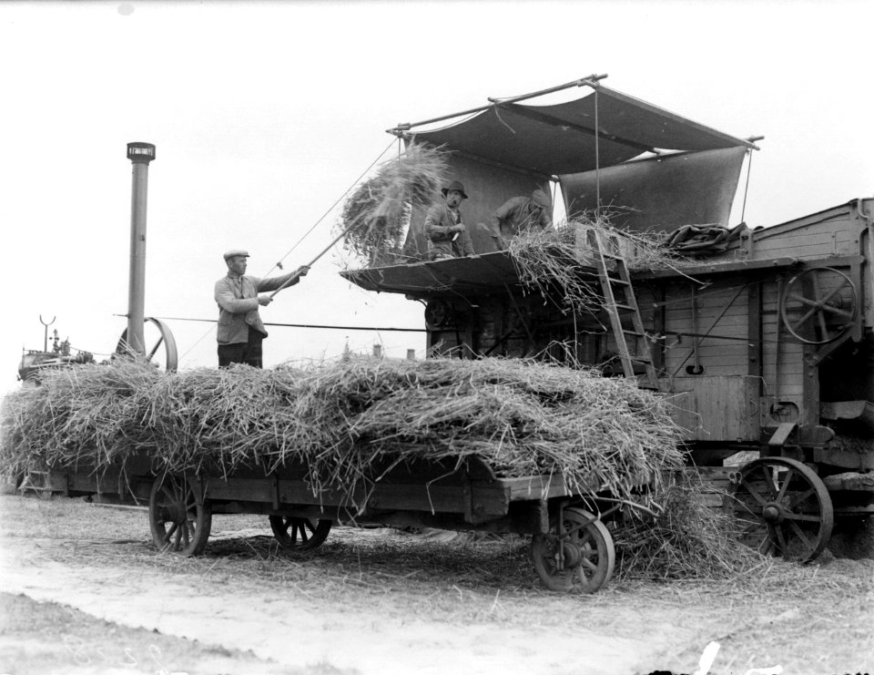 Boeren bezig met het laden van stro bij een dorsmachine met een stoommachine als, Bestanddeelnr 252-0836
