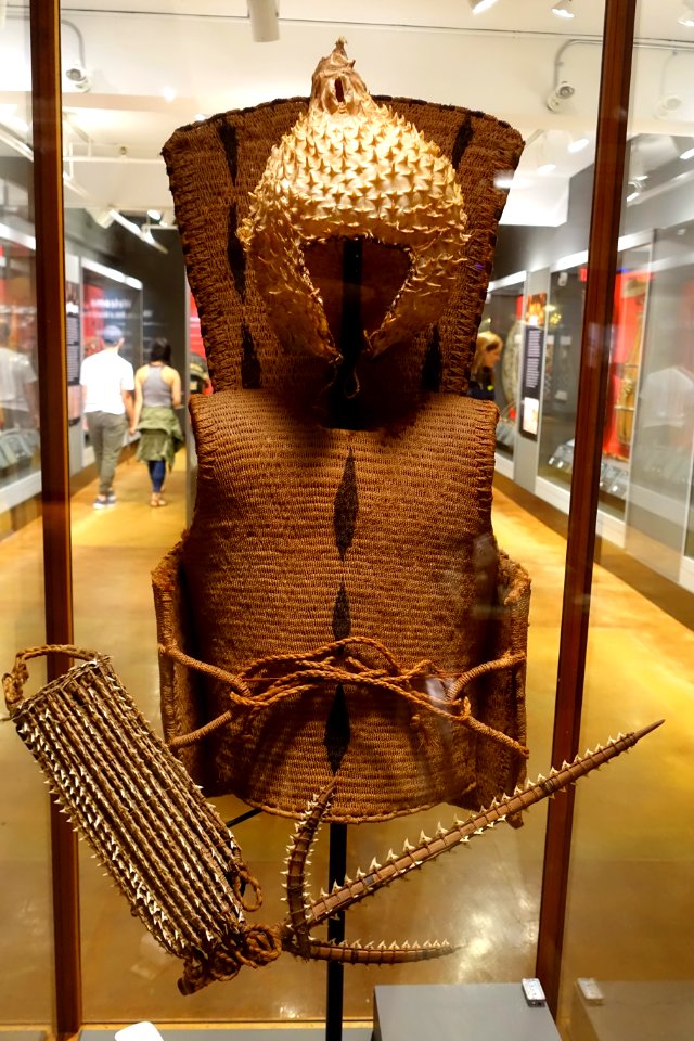Body armor with neck guard, helmet, gauntlet, & sword, Gilbert Islands, Kirabati, coconut fiber, porcupinefish or pufferfish skin, sharks teeth - Pacific collection - Peabody Museum, Harvard University - DSC06056