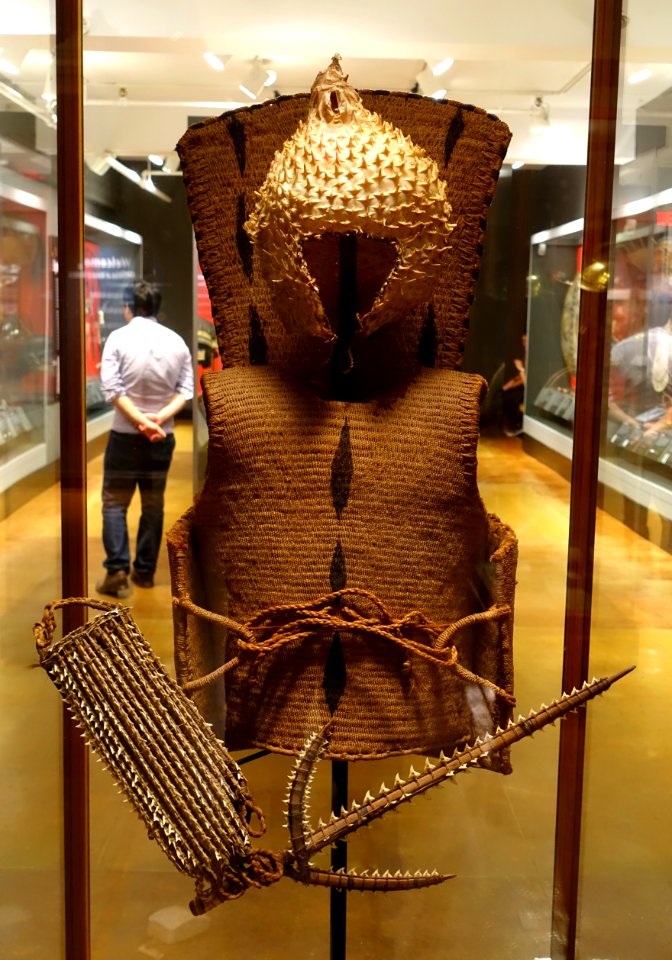Body armor with neck guard, helmet, gauntlet, & sword, Gilbert Islands, Kirabati, coconut fiber, porcupinefish or pufferfish skin, sharks teeth - Pacific collection - Peabody Museum, Harvard University - DSC06023