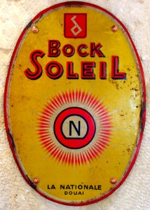 Bock Soleil - La Nationale, Douai , enamel advertising sign at the Musée Européen de la Bière