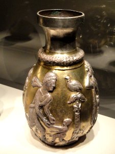 Bottles with Dionysus, dancers, and musicians, view 1, Iran, Sasanian period, 6th-7th century AD, silver and gilt - Arthur M. Sackler Gallery - DSC05779
