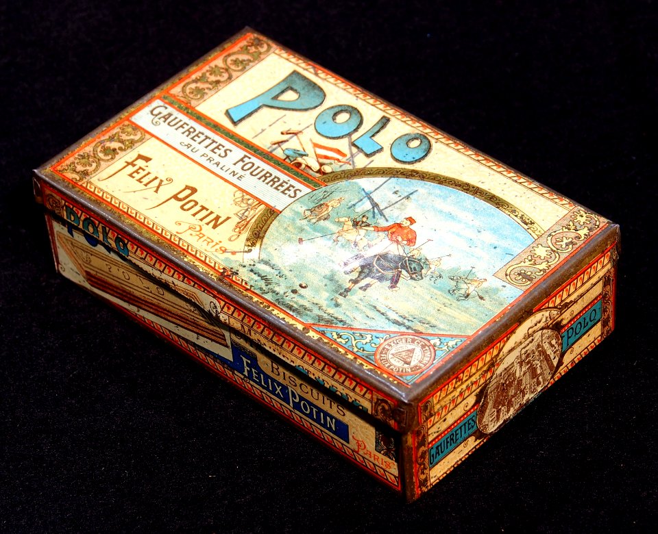 Boîte métallique Polo Félix Potin, gaufrettes Fourrées au praliné - manufacture de biscuits, photo 3
