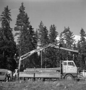 Bosbewerking, takelwagens, boomstammen, arbeiders, takelwerkzaamheden, Bestanddeelnr 253-5375