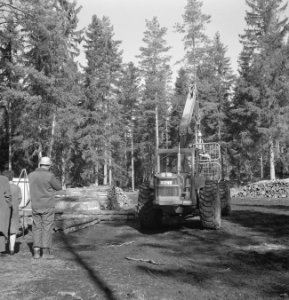 Bosbewerking, machines, werktuigen, voertuigen, takels, arbeiders, boomstammen, Bestanddeelnr 253-5388