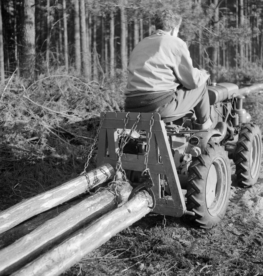 Bosbewerking, arbeiders, boomstammen, landbouwmachines, werktuigen, sleepwerkzaa, Bestanddeelnr 253-4006