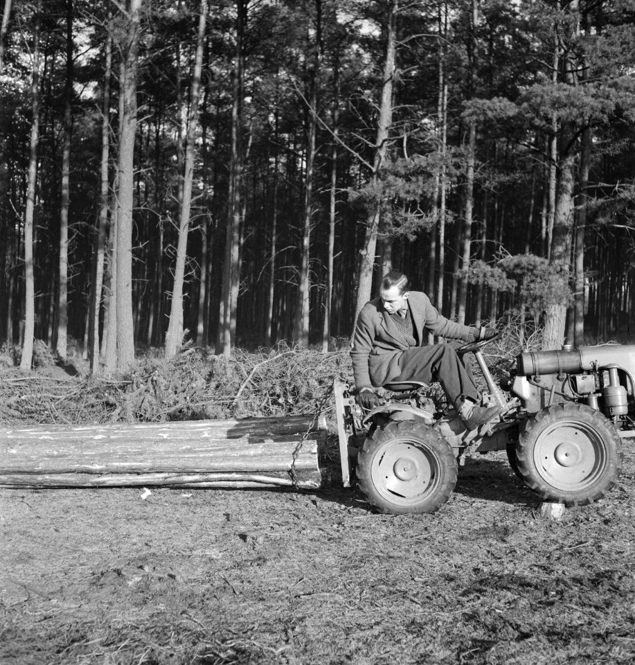 Bosbewerking, arbeiders, boomstammen, landbouwmachines, werktuigen, sleepwerkzaa, Bestanddeelnr 253-4002