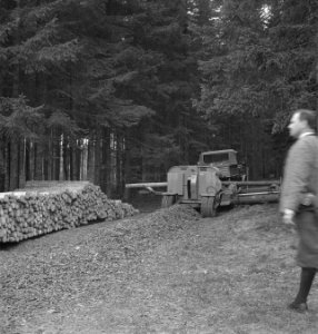 Bosbewerking, machines, werktuigen, boomstammen, bomen vellen, arbeiders, Bestanddeelnr 253-5136