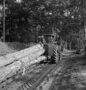 Bosbewerking, landbouwmachines, werktuigen, boomstammen, sleepwerkzaamheden, Tra, Bestanddeelnr 253-5947