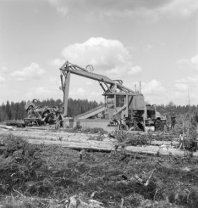 Bosbewerking, machines, werktuigen, boomstammen, werkzaamheden, Bestanddeelnr 253-5839